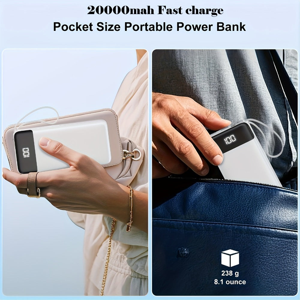 20000mAh Solar Power Bank with Built-in USB-C Cable 20W Fast Charging Portable Charger – Battery Pack for iPhone Android iPad Outdoor Travel Camping Hiking