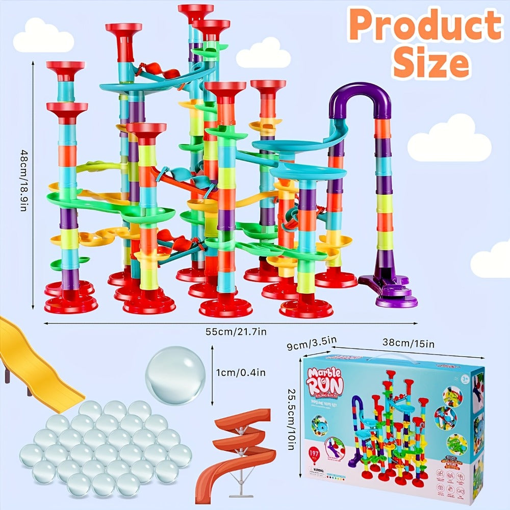 Marble Run Building Block Set with Glass Marbles, 112 or 147 Piece Race Track Toy for Ages 4+