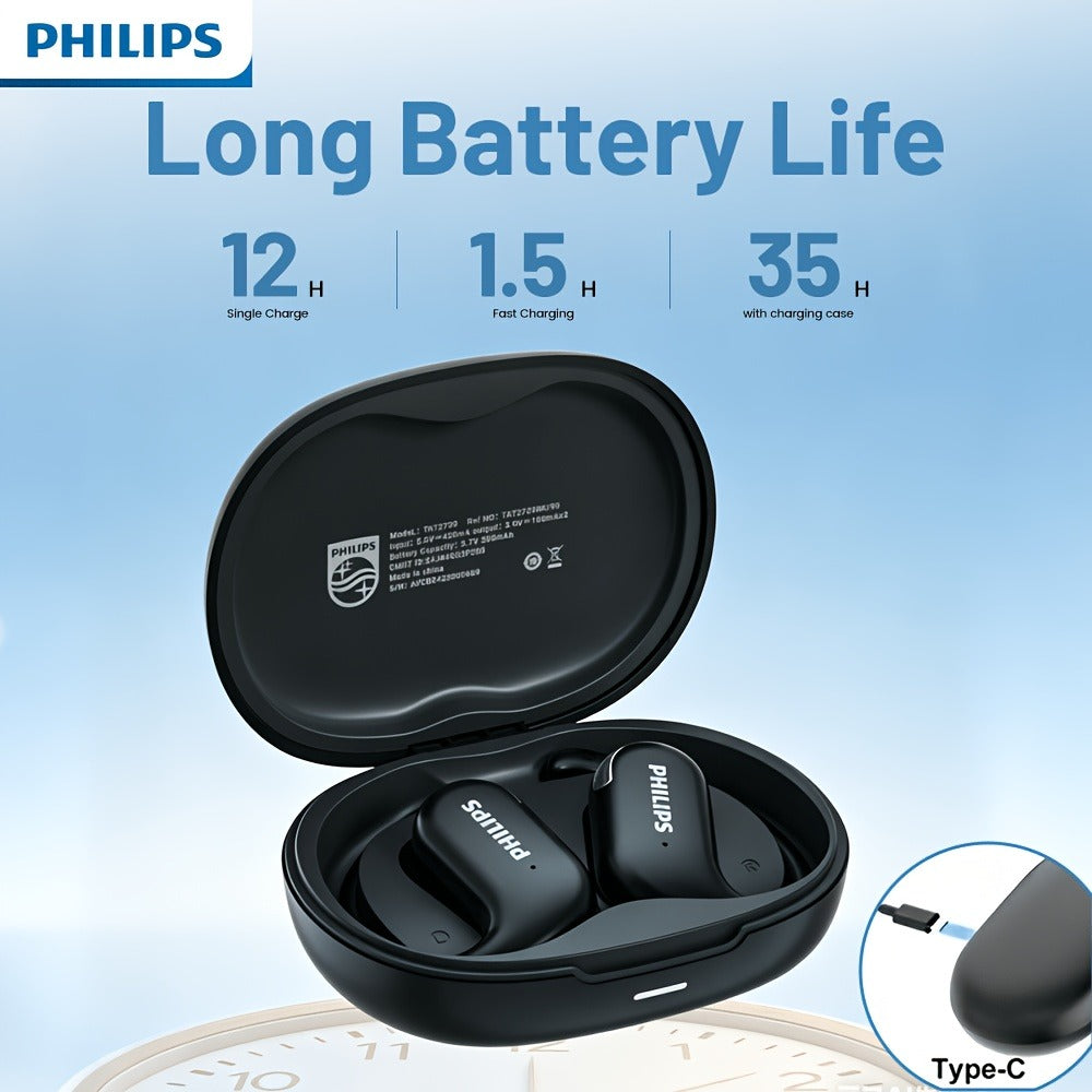 Philips TAT2739 Open Air Earbuds Wireless Bluetooth 5.3 Ear Hook Headphones with Wireless Charging Case – Non In-Ear Open-Back Design, Type-C, Tech Gift for Men Women