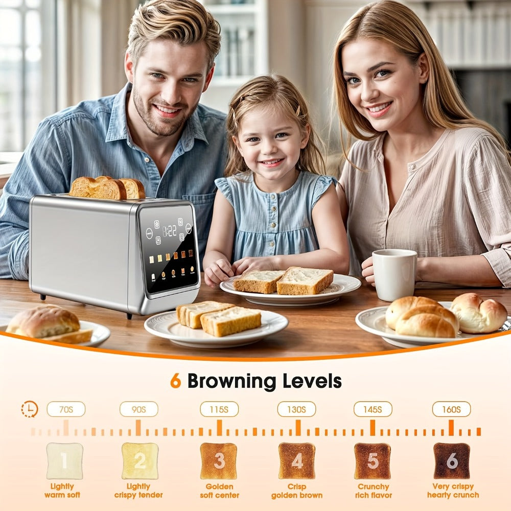 Smart Digital Toaster 2 Slice Touch Screen – Stainless Steel with Memory Function, 5 Bread Types, 6 Shade Settings, 1.5-Inch Wide Slot, 900W Fast Toasting for Home Kitchen