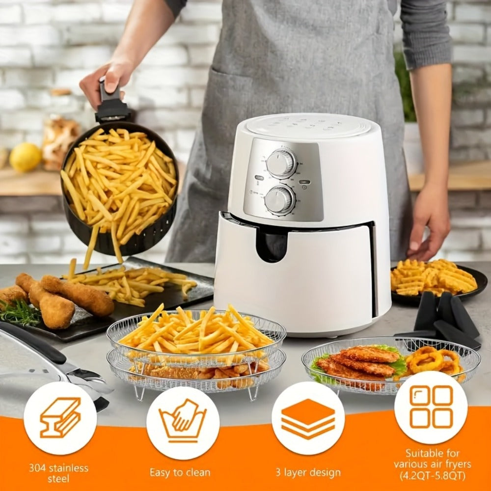 Air Fryer Rack 7 Piece Stainless Steel Dehydrator Stacking Rack with Clips - Reusable Round Multi-Layer Air Fryer Accessories for 4.2QT to 5.8QT Air Fryers, Oven Safe, Dishwasher Safe, Easy to Clean