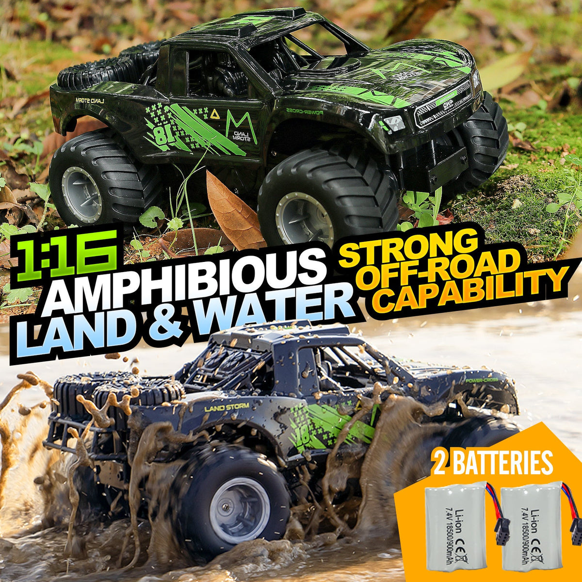 Amphibious RC Car 1:16 Scale 4WD, Waterproof Monster Truck or Pickup, 2 Batteries