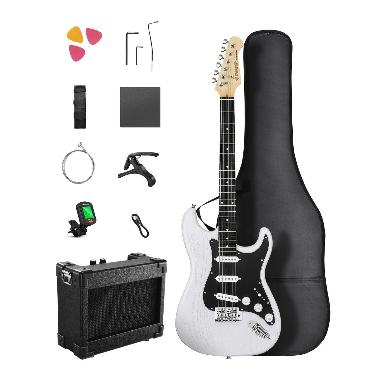 DST-80 Full Size Electric Guitar Kit with SSS Pickups and Amplifier shown in the Matte White option