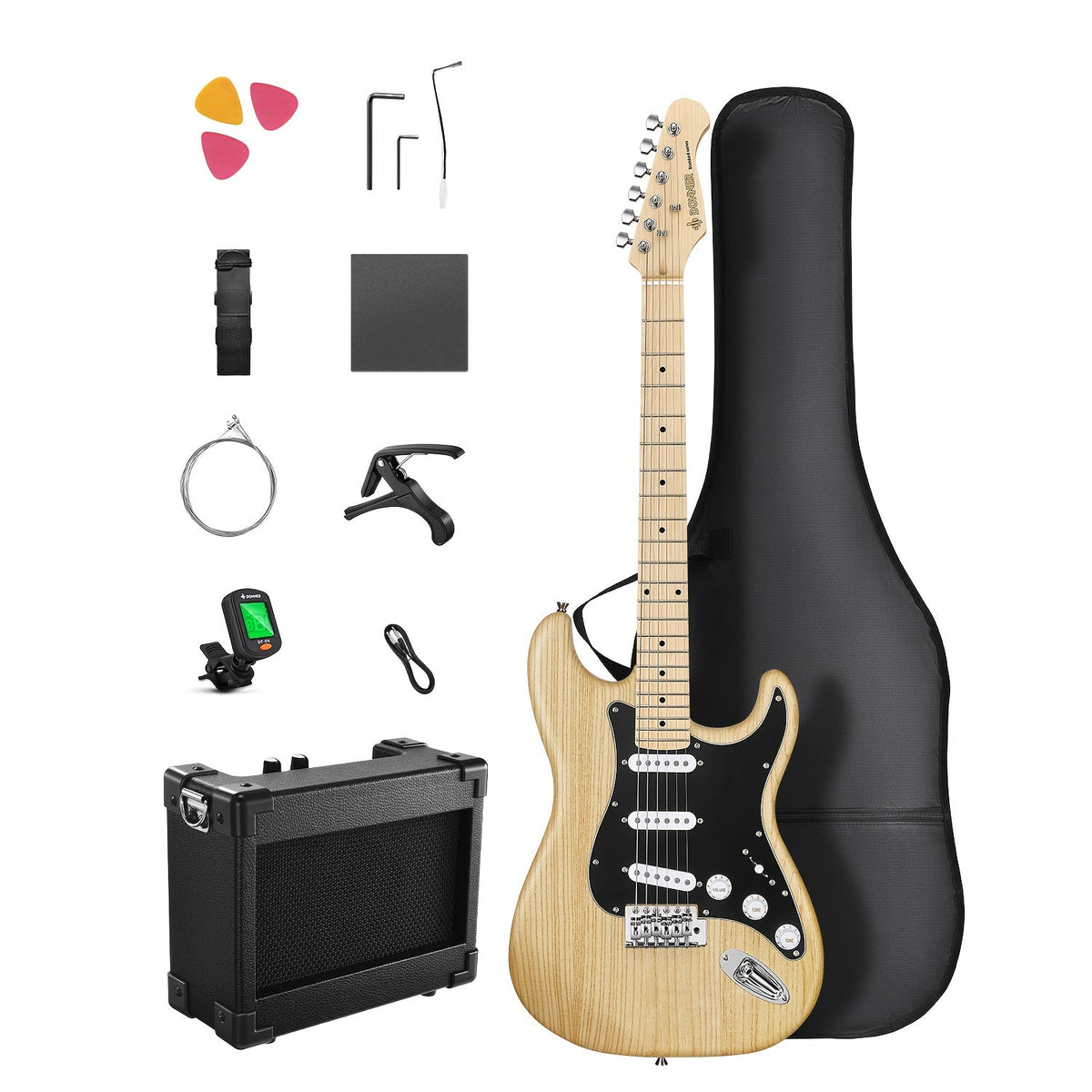 DST-80 Full Size Electric Guitar Kit with SSS Pickups and Amplifier shown in the Natural option