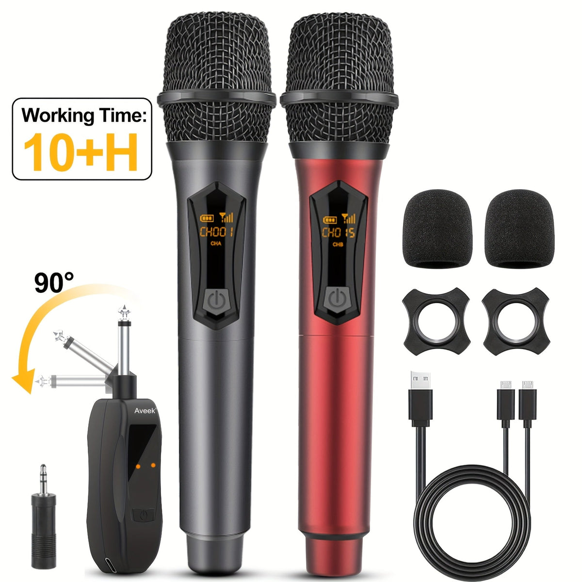 Dual Wireless Handheld Microphone System with Rechargeable Receiver shown in the Red+Grey option