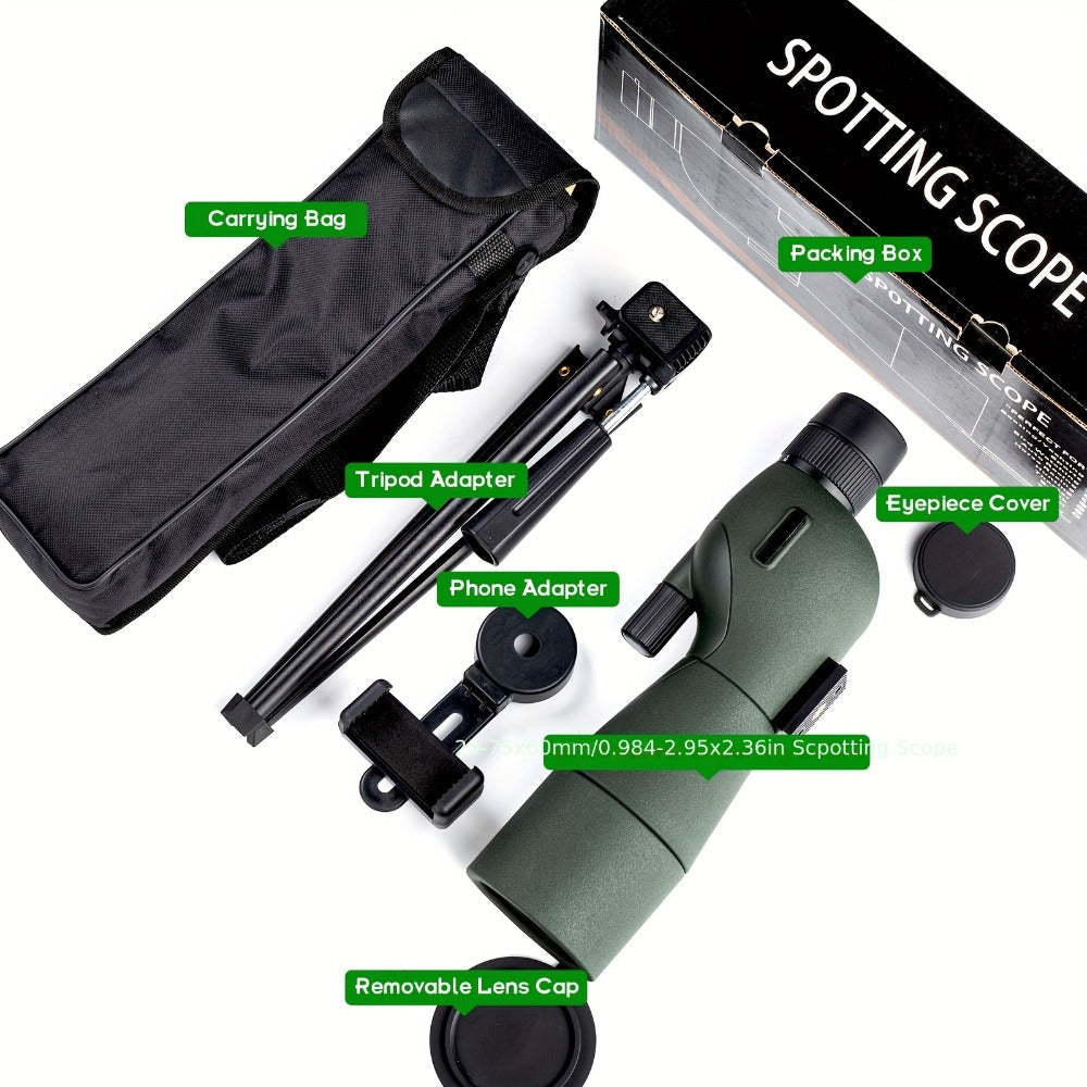 25-75x60 Spotting Scope with Tripod, Carrying Bag & Smartphone Adapter | High-Power Variable Zoom Scope for Target Shooting, Hunting, Bird Watching & Outdoor Sports – Best Gift for Dad