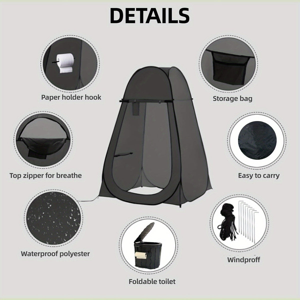 Pop-Up Privacy Tent with Portable Camping Toilet for Adults, Foldable Outdoor Shower Changing Potty Tent Kit with 12 Toilet Bags, Ground Stakes & Windproof Ropes for Camping, Hiking, Travel & Picnics