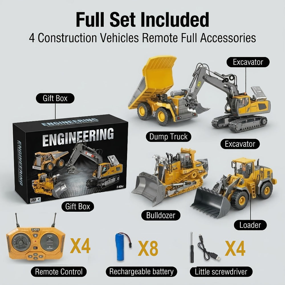 11-Channel RC Construction Vehicle Set, 2-in-1 to 4-in-1 Options