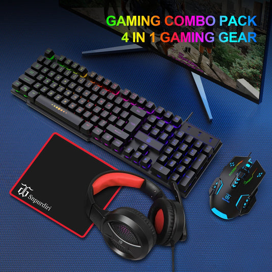 Gaming Keyboard and Mouse Combo 4-in-1 Wired Gaming Set with Headset Mouse Pad for PC Xbox PS4 Desktop Laptop RGB Bundle All-in-One Gaming Peripheral Kit for Beginners Black