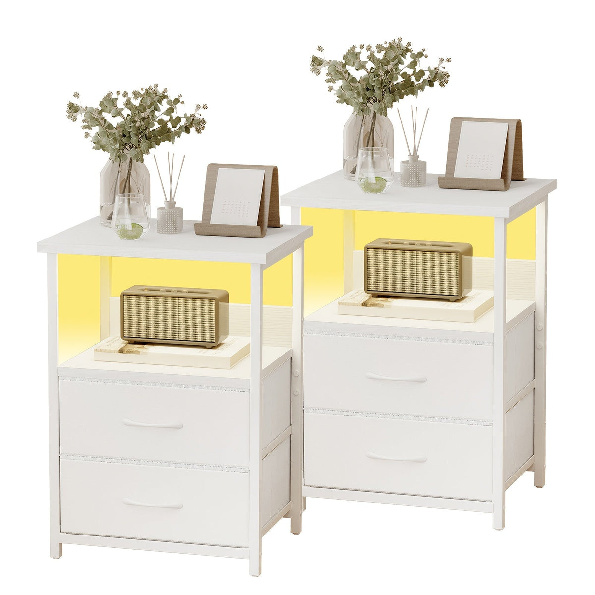 Nightstand with Charging Station & LED Light – USB Ports Outlets Fabric Drawers | PU or Clear Acrylic Desktop | 1pc or 2pcs Matching Set | Smart Bedside Table for Bedroom Dorm Student Room Black White