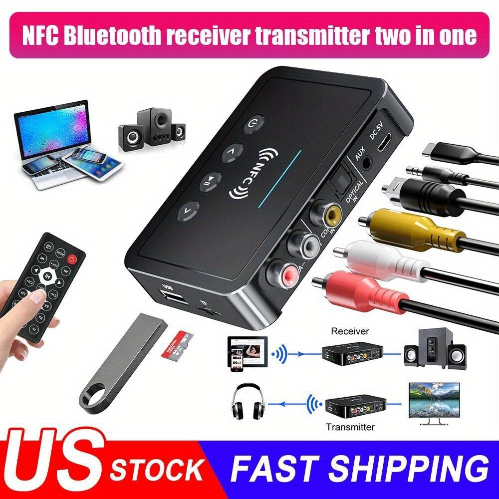 Bluetooth Transmitter Receiver 2-in-1 Wireless Audio Adapter with 3.5mm AUX NFC Input to Dual RCA Output, USB Powered – Stream Music to Home Stereo, TV, Speaker, Car Audio System
