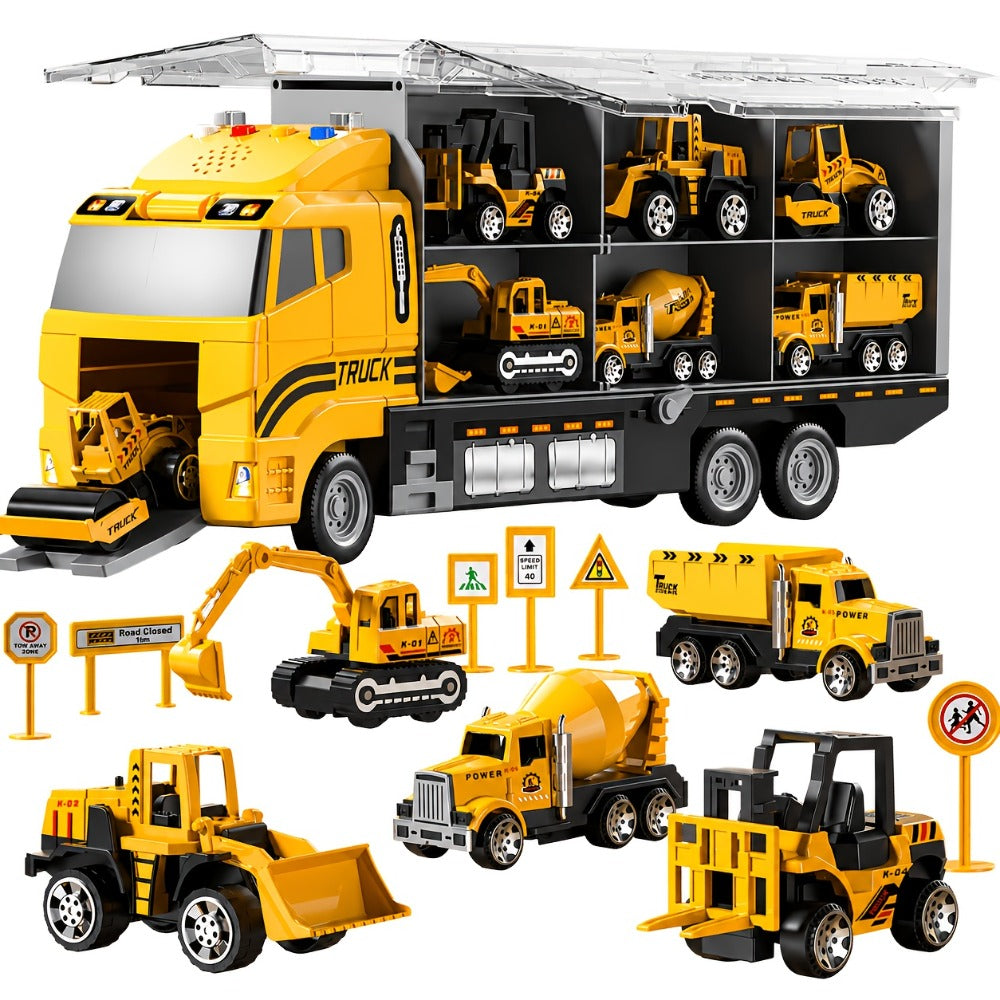 Construction Truck Toy Set, 13-in-1 Carrier with Die-Cast Vehicles and Play Mat