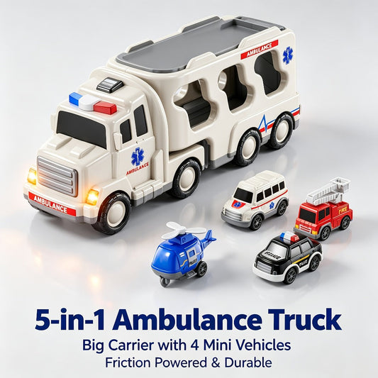 Ambulance Carrier Truck Toy Set – 5-in-1 Friction Powered Truck with 4 Vehicles, Lights & Sounds