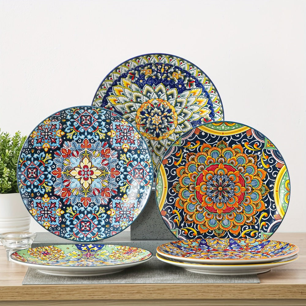 Bohemian Dinner Plates Set of 6 – 10.5 Inch Colorful Stoneware Plate Set Microwave Dishwasher Safe Scratch Resistant Porcelain Dinnerware for Home Restaurant Cafe Boho Kitchen Decor Gift