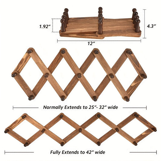 Wall Hat Rack with 13 Hooks, Expandable Wood Accordion Hanger for Entryways