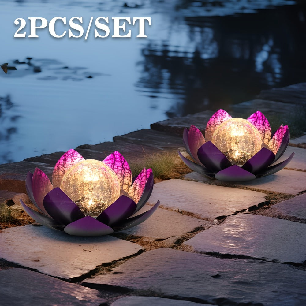Solar Lotus Cracked Glass Ball Garden Lamp 2pcs – Waterproof Metal Cracked Ball Solar Light for Outdoor & Indoor Decoration | Garden, Balcony, Dining Table & Living Room Decor | Father’s Day Gift