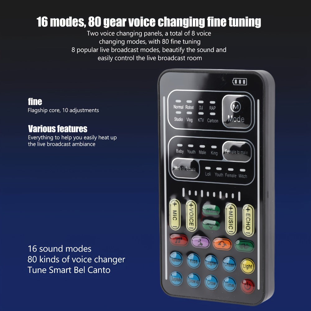 Voice Changer Sound Card with 8 Voice Effects & LED Lights – Portable Live Sound Board for PS4, PS5, Xbox, PC, Phone, Laptop, Tablet | Male to Female, Gaming & Streaming Voice Modulator
