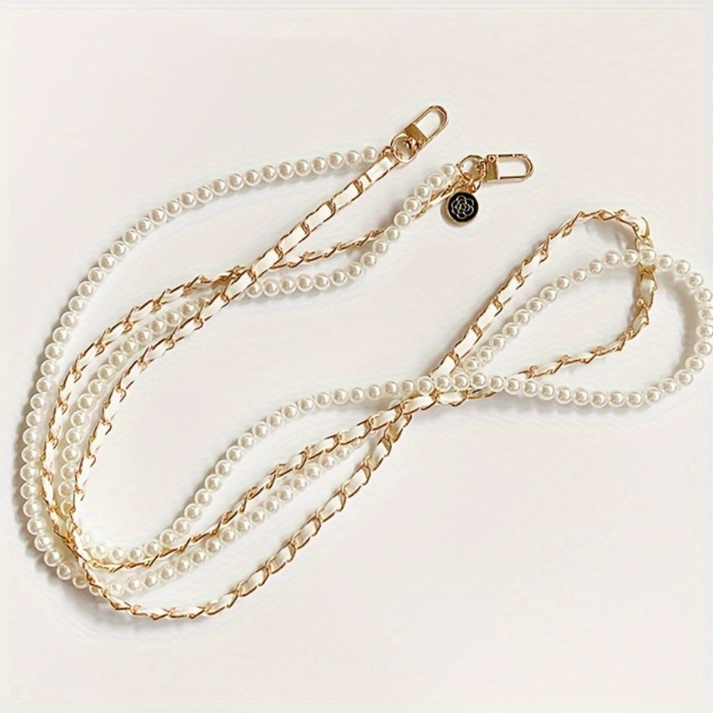 Pearl Double Chain Phone Strap Crossbody Wristband Lanyard for Women Girls – Faux Pearl Leather Clip-On Hanging Chain Strap for iPhone Samsung Android Smartphones – Aesthetic Y2K Fashion Accessory Black White