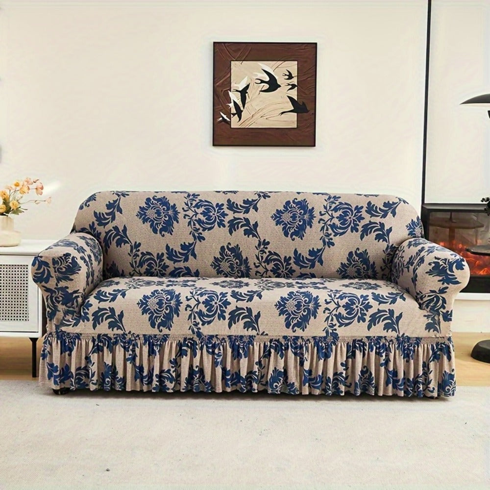 Stretch Sofa Cover Slipcover High-Stretch Fabric Ruffle Skirt Non-Slip Rod All-Season Snug Fit for 1 2 3 4 Seater Couch — Dark Blue with Pillow Cover