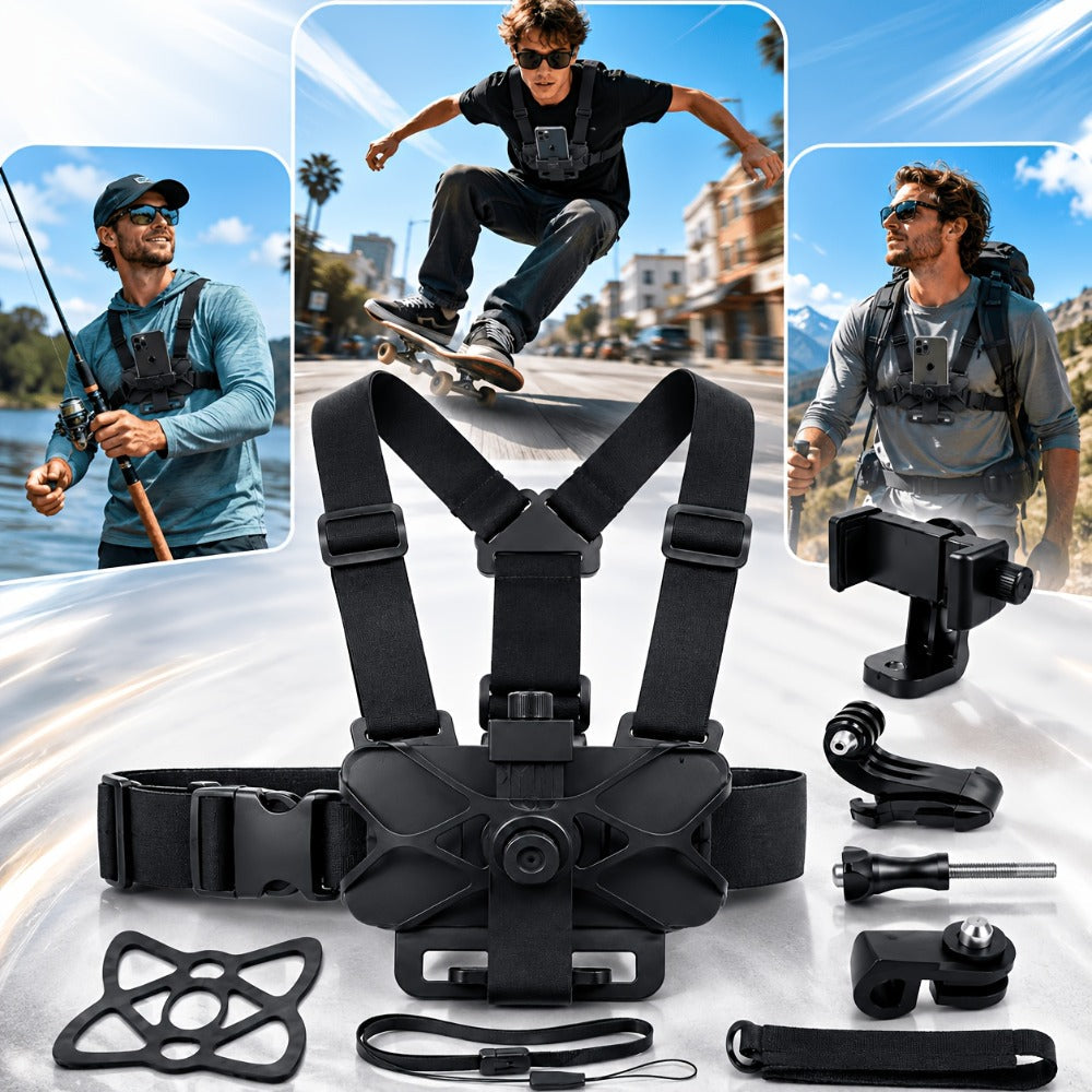 Chest Mount Harness for GoPro Hero 13 12 11 10 9 8 – Adjustable POV Chest Strap for Insta360 X4 X3 DJI Osmo Action 4 3 iPhone Samsung Phone – Hands-Free Camera Holder for Bike Kayak Fishing Hiking Vlog