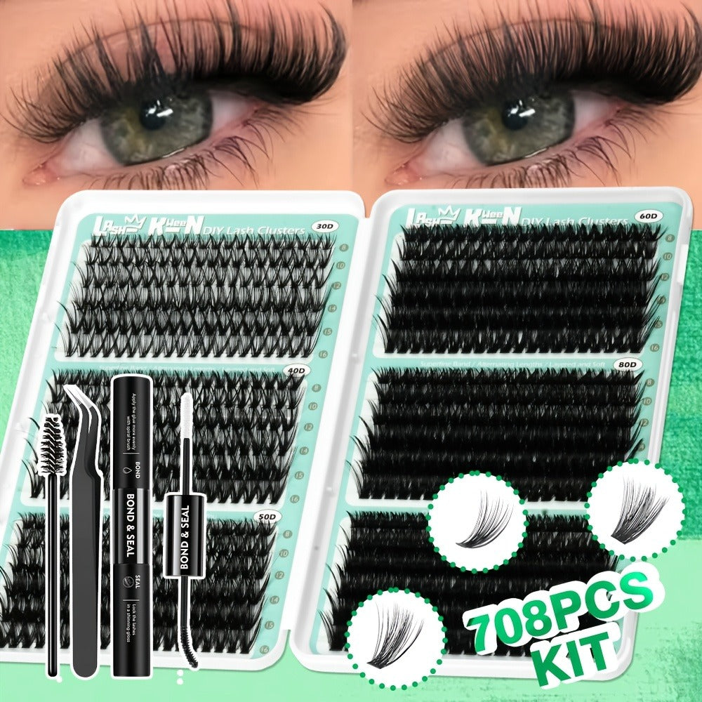 Lash Clusters Kit 708Pcs with Tweezers, Glue & Brush – Soft Silky Fiber False Eyelashes Full Voluminous DIY Lash Extension Set for Party, Wedding, Bridal & Daily Makeup, Beginner to Pro