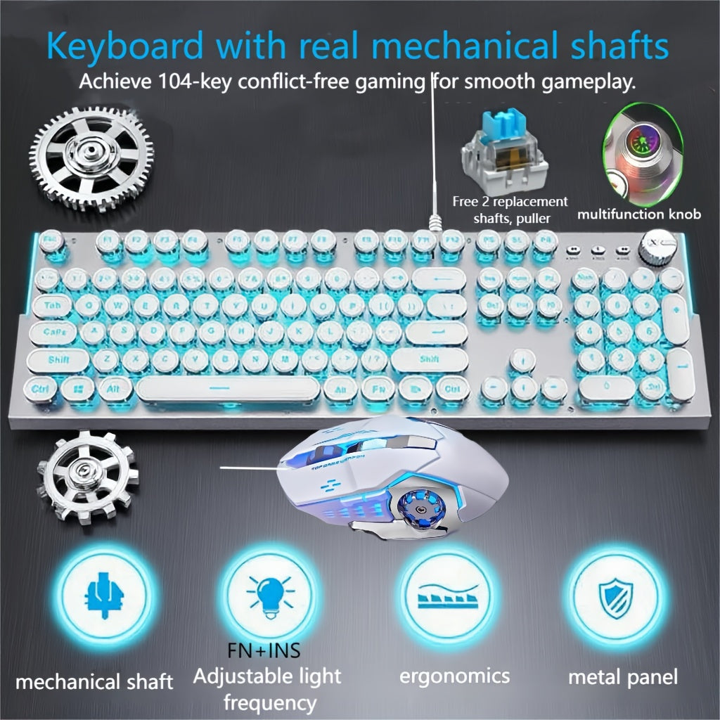 Hot-Swappable Mechanical Keyboard and Mouse Combo 34 Lighting Effects True Mechanical Blue Switches Retro Style USB Wired Aesthetic Gaming Set for Desktop Laptop Windows Mac Gift for Boyfriend Girlfriend