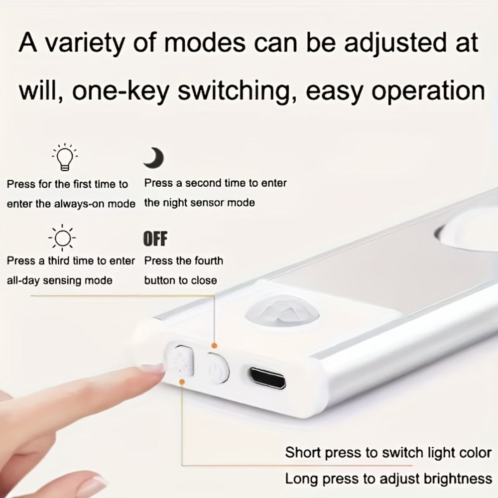 Motion Sensor Cabinet LED Strip Light USB Rechargeable 1400mAh - 3 Color Dimmable Wireless PIR Auto On Off 4 Sizes for Kitchen Wardrobe Wine Cabinet Shoe Cabinet Closet Bedroom Night Light