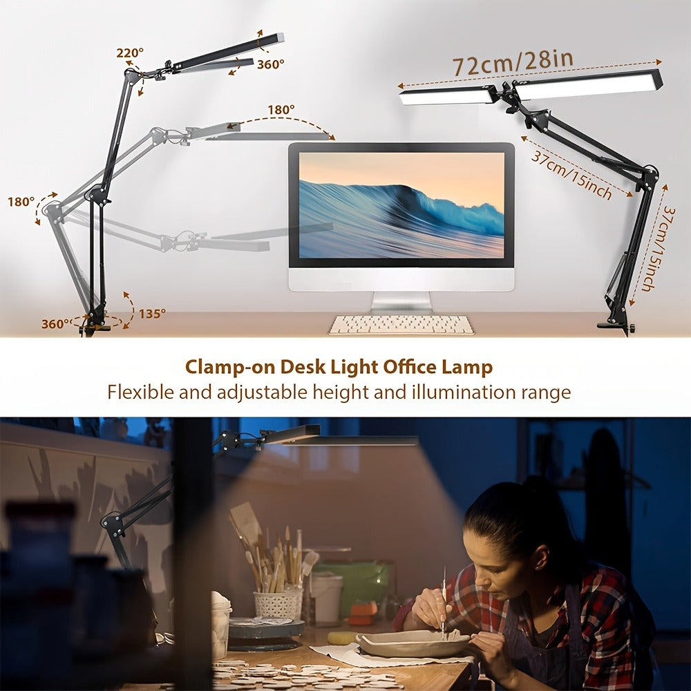 Dual Head Clamp Desk Lamp USB Powered – 2X Brighter Swing Arm LED Light, 3 Color Modes & 10 Brightness Levels for Dual Monitors, Drafting, Workbench & Home Office, Black