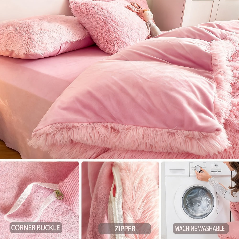 Faux Fur Duvet Cover Set Twin Queen King Super Soft Plush Comforter Cover with Pillowcases Heart Pillow for Kids Teens Machine Washable Bedroom Decor