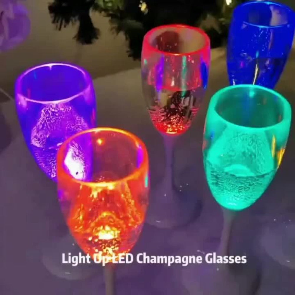 LED Light Up Champagne Flutes Set of 6 – Glow in the Dark Colored Plastic Wine Glasses for Birthday Halloween Christmas Wedding Party Favors Adults