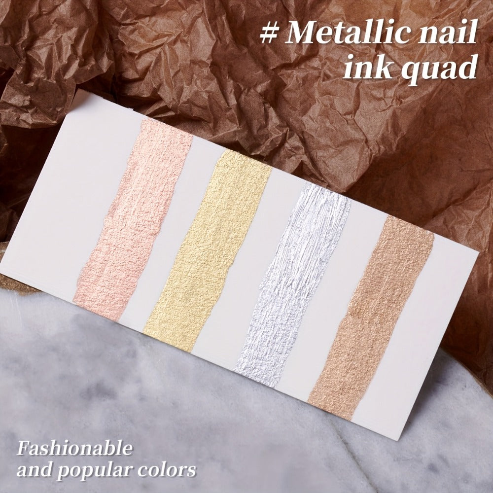Blooming Gel Nail Art Set 4pcs – Metallic Golden Silver Smudge Liquid, High Saturation No-Wipe Alcohol-Free Gel Polish, Gradient Watercolor Ombre Effect, Long Lasting DIY Salon Nail Design