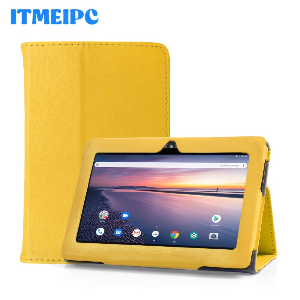 USB-C Android 14 Tablet 7 Inch with Built-in Protective Case, 4GB RAM 32GB ROM Expandable Quad-Core HD IPS Display, Dual Camera WiFi, Compact Stylish Portable Tablet for Students Teens Adults – Blue Yellow Black Pink
