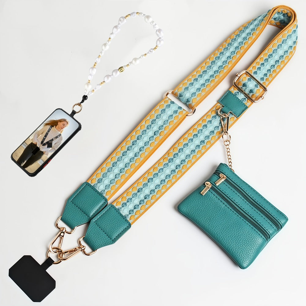 Crossbody Phone Strap Wallet Pouch with Beaded Charm Detachable Wrist Lanyard Card Holder Hands-Free Shoulder Strap for Women Girls iPhone Samsung – Green Purple Brown Pink 5 Colors
