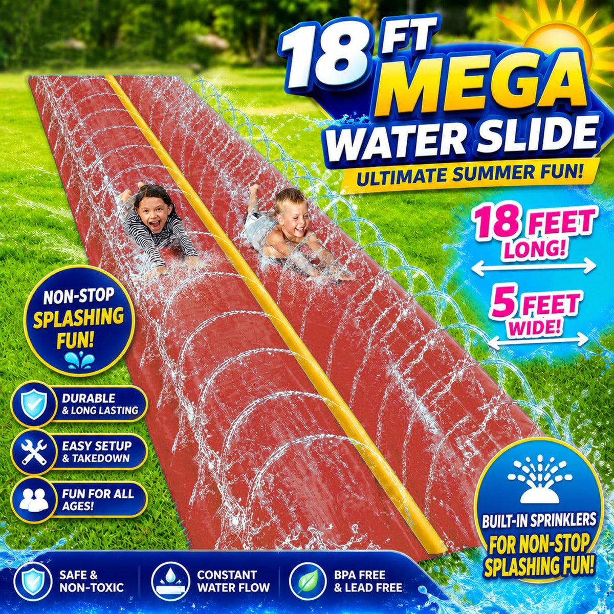Kids Water Slide, 18 x 5 ft Dual-Lane Slip and Slide with Zigzag Sprinkler