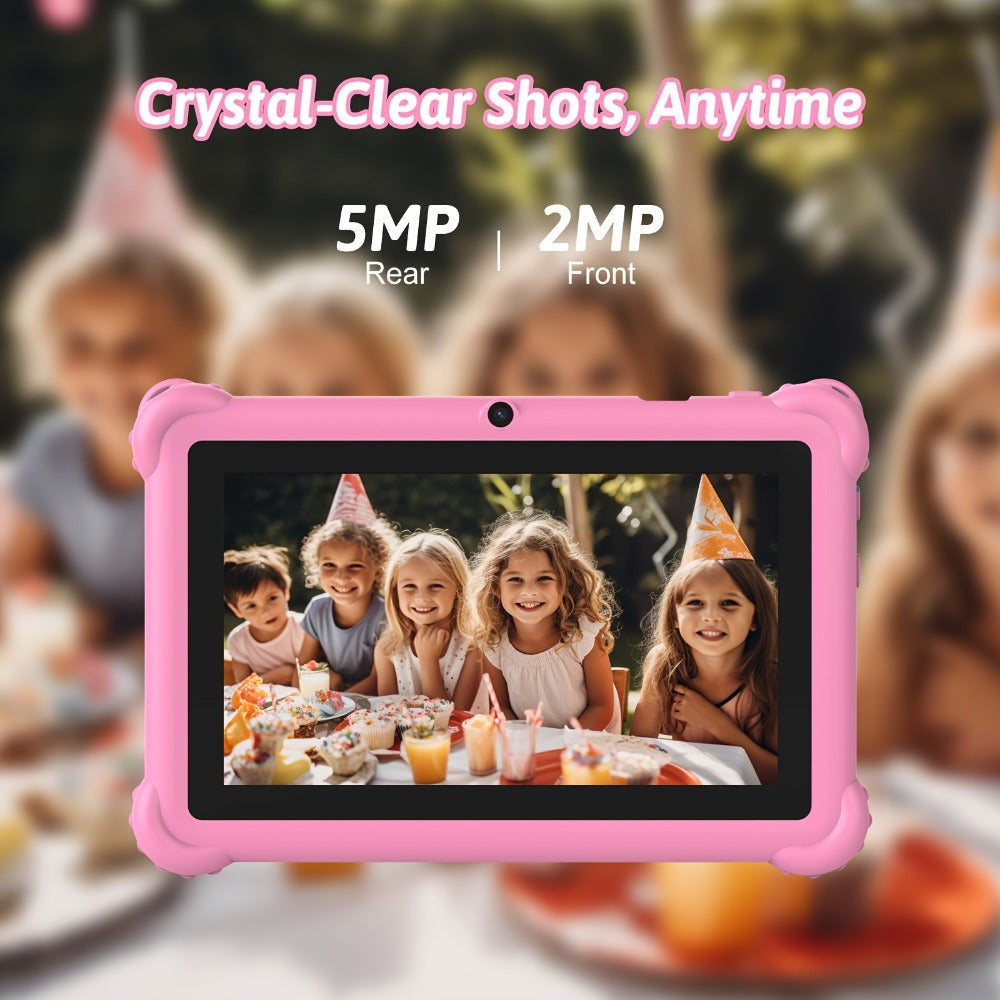 ABS Case Kids Tablet 7 Inch Android 4GB RAM 32GB ROM 512GB Expandable Parental Controls Eye Protection Display Dual Camera WiFi Stereo Speakers Type-C Durable Learning Tablet for Children Ages 3-12 Pink Blue