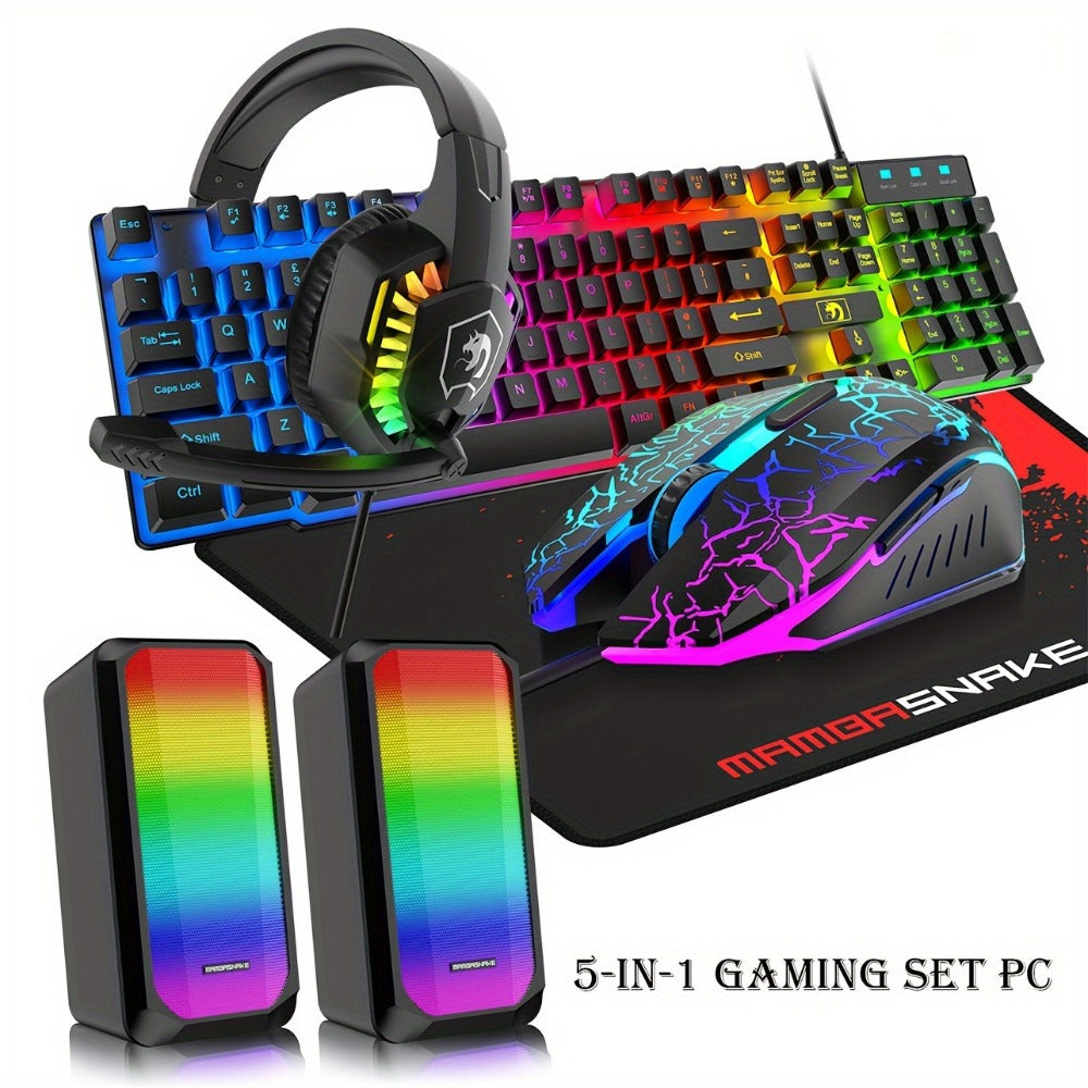 Complete 5-in-1 Gaming Setup Bundle RGB – 104 Keys Wired Keyboard, 2400 DPI Optical Mouse, Gaming Headphone, Speaker & Large Mouse Pad for PC, Mac, PS4 & Xbox | All-in-One Gaming Combo | Black & White
