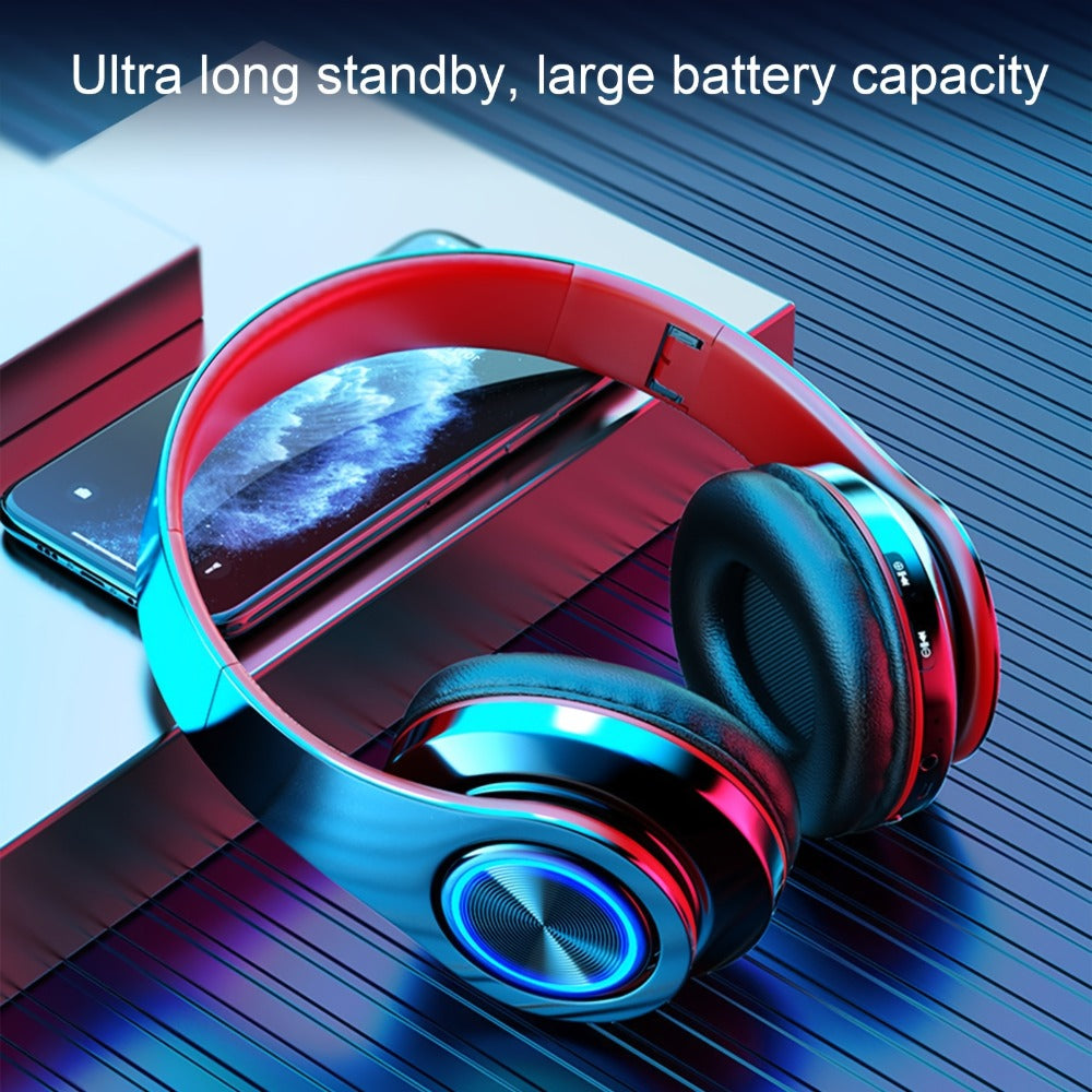 LED Light Over-Ear Wireless Headphones Deep Bass Subwoofer, Active Noise Cancelling Foldable Headset Bluetooth 5.3, Wired & Wireless Dual Mode AUX, USB Rechargeable for Gaming Music Sports