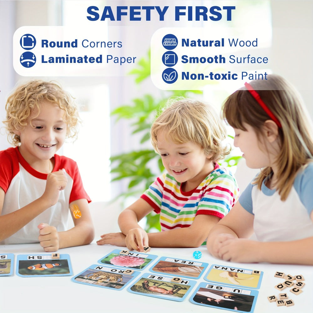 Spelling Flash Card Game for Kids Ages 4-8 — 224 Phonics Sight Word Flashcards, 208 Wood Letter Tiles & Dice, Kindergarten Homeschool ESL Autism Learning Toy, Birthday Christmas Gift