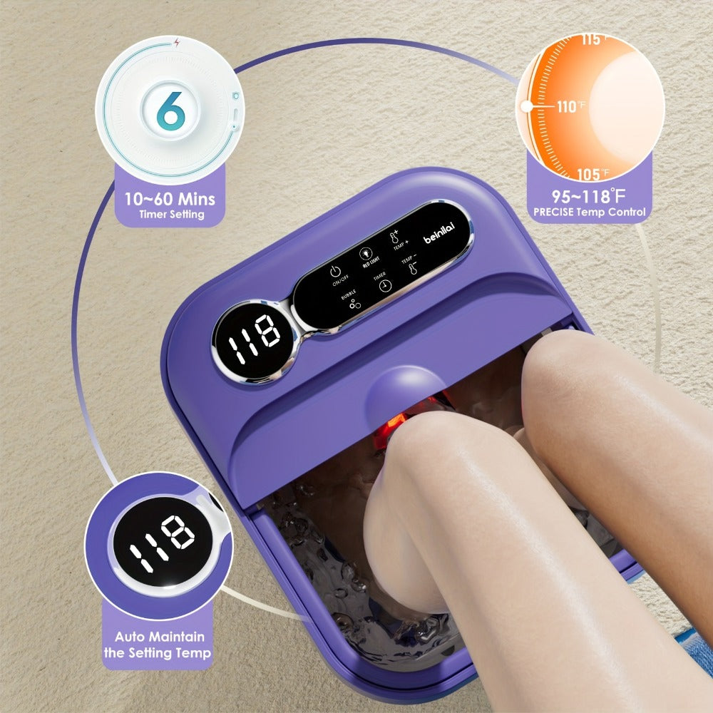 Foot Spa Massager Collapsible with Heater & Temperature Control – Foot Bath with Bubbles, 6 Massage Rollers, Vibration, Red Light Therapy & Auto Massage for Home Foot Care, Black Blue