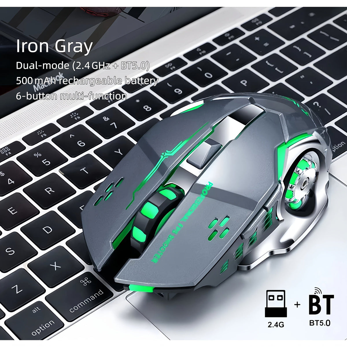 Bluetooth 5.0 2.4G Dual Mode Wireless RGB Gaming Mouse Silent 6 Button Ergonomic USB-C Rechargeable Breathing Light for PC Laptop Mac Tablet Office Gaming Tech Black Star Black White Gray