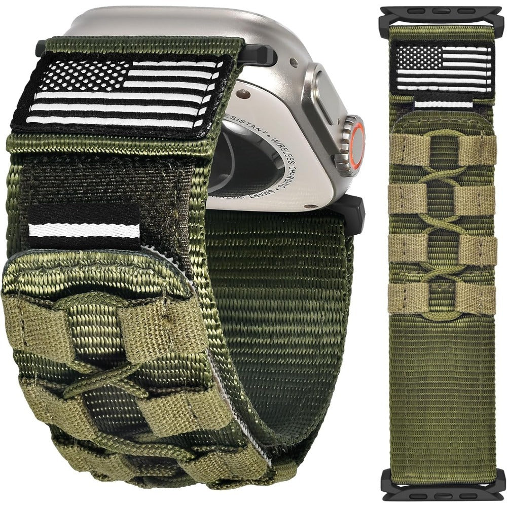 Rugged Nylon Apple Watch Band Men Sport Loop Soft Woven Adjustable Hook Loop Strap Compatible with Apple Watch Ultra 3 2 1 Series 1-11 SE 42mm 44mm 45mm 46mm 49mm Army Green Black Blue Orange Outdoor Hiking Gym