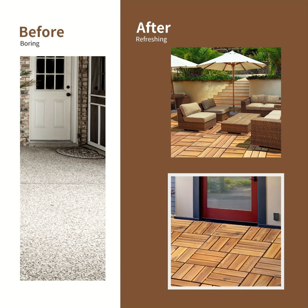Interlocking Acacia Wood Deck Tiles 27-Pack – 12x12 Inch Oil-Finished Slat Tiles, Covers 27 Sq Ft, Tool-Free Install, for Patio, Balcony, Garden, Deck & Indoor Flooring