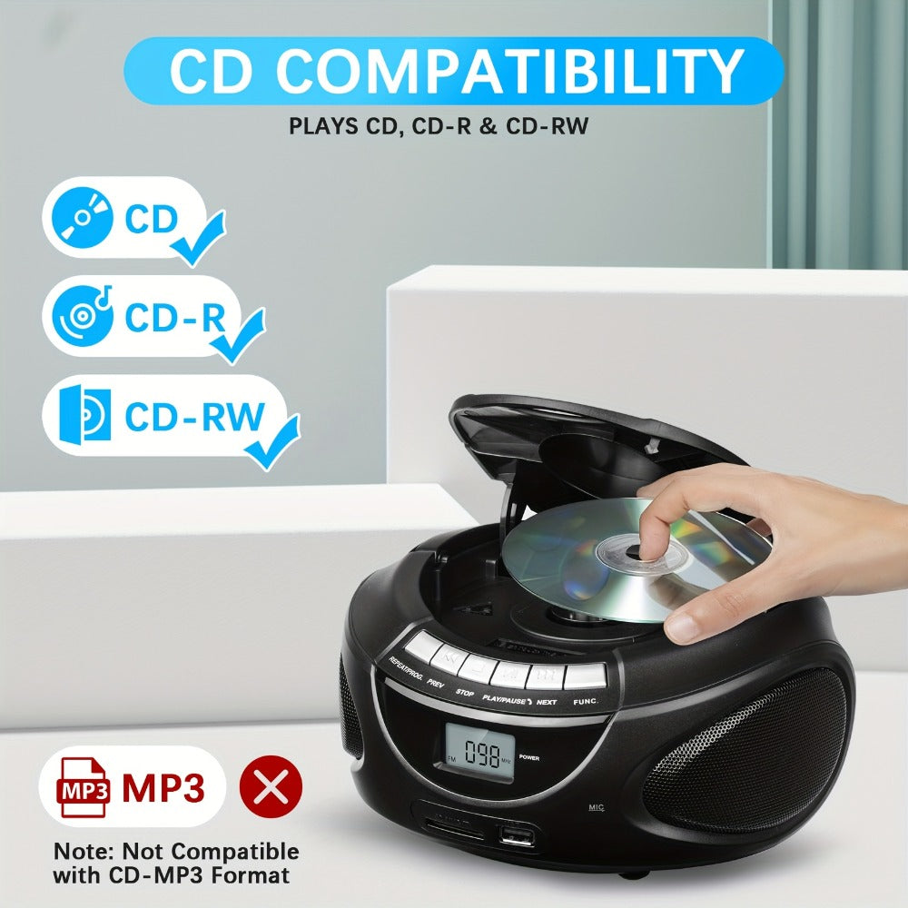 Portable CD Player Boombox with AM FM Radio Dual Stereo Speakers, Aux Input USB TF Card MP3 Player, Earphone Jack, A-B Repeat, Plug & Play 120V, Multi-Function Home & Outdoor CD Boombox