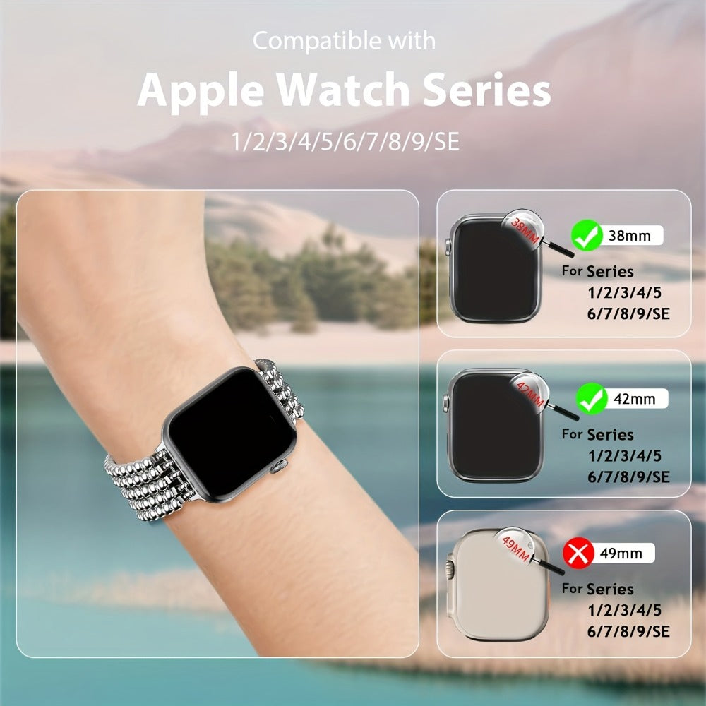 Stainless Steel Beaded Apple Watch Band Handmade Elastic Stretch Bracelet No-Buckle Slip-On Strap for Series 1-11 SE Ultra 38mm 40mm 41mm 42mm 44mm 45mm 46mm Women Girls Silver Rose Gold Silvery Grey