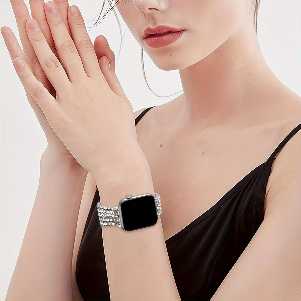 Stainless Steel Beaded Apple Watch Band Handmade Elastic Stretch Bracelet No-Buckle Slip-On Strap for Series 1-11 SE Ultra 38mm 40mm 41mm 42mm 44mm 45mm 46mm Women Girls Silver Rose Gold Silvery Grey