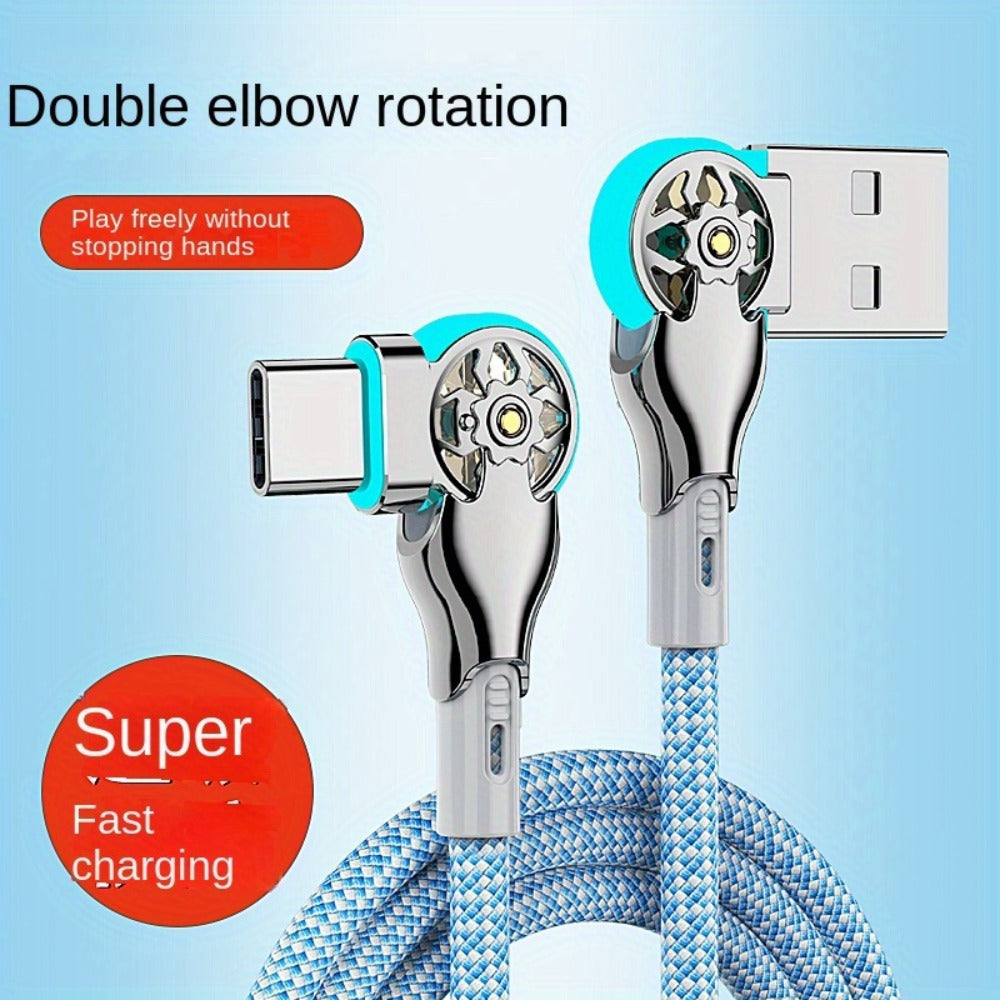 90 Degree USB-C Cable 65W Fast Charging with LED Light 6.56ft – Left Right Angle Double Elbow Type-C Data Cable for Samsung Galaxy S24 S23 Xiaomi Huawei Android Gaming Car Desk Setup