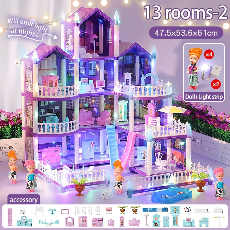 Purple LED Dollhouse Playset with 6 to 16 Room Options and Furniture