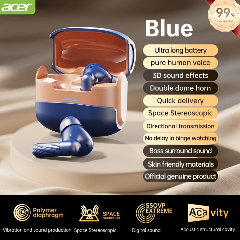 ANC Wireless Earbuds Acer Official TWS In-Ear Active Noise Cancellation Spatial Audio Low Latency Gaming Mode HD Calls Long Battery Life Sports Driving Earphones Navy Blue White