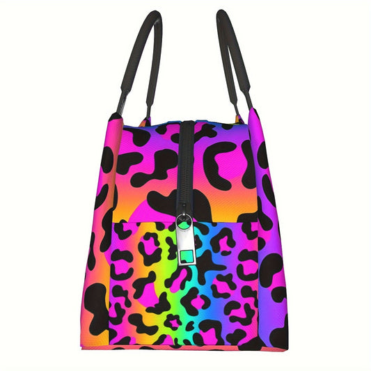 Insulated Lunch Bag with Colorful Leopard Print and Zipper, 11 x 6.5 x 7 Inches