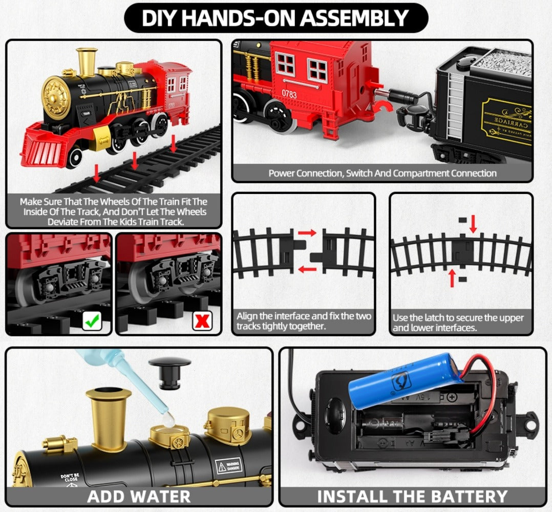 Electric Train Set with Smoke, Lights & Sound – 6-Car Christmas Toy Train with Switch Tracks